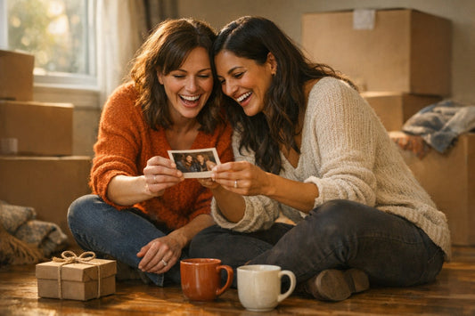 Two longtime best friends laughing over an old photo on the floor of a half-packed apartment, with a small wrapped gift and two mugs