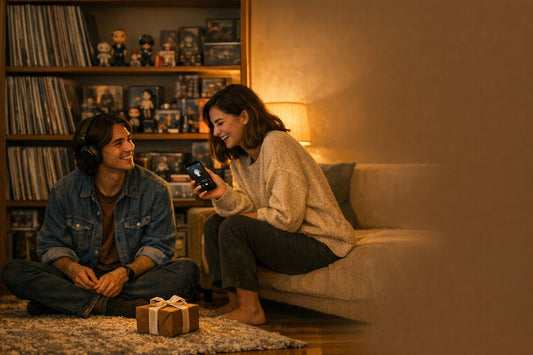 A smiling couple in front of a lit shelf of records and figures, with a small wrapped gift on the rug