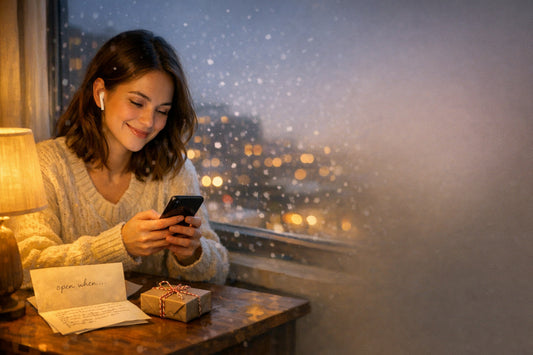 A woman smiling at her phone by a snowy window with an open-when letter and a small gift