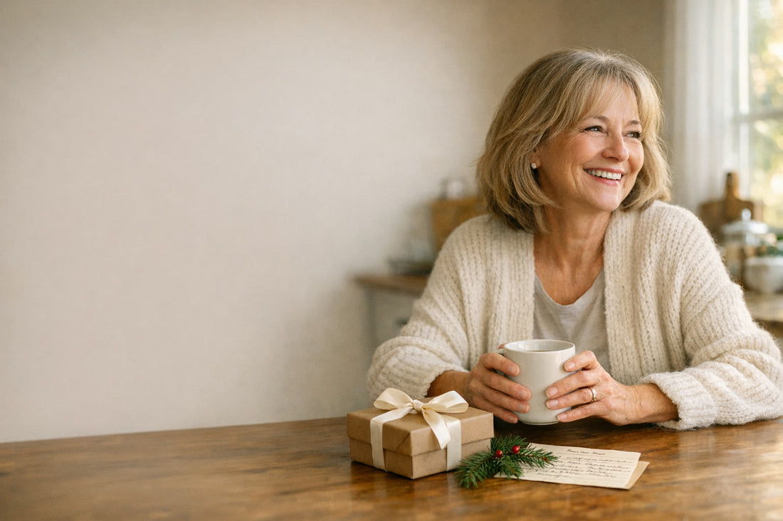 A smiling mom with a cup of tea, a small wrapped gift and a handwritten recipe card