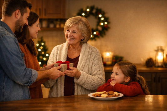 A smiling grandmother receives a small wrapped gift from a couple in a warm holiday kitchen while a child watches beside a plate of cookies