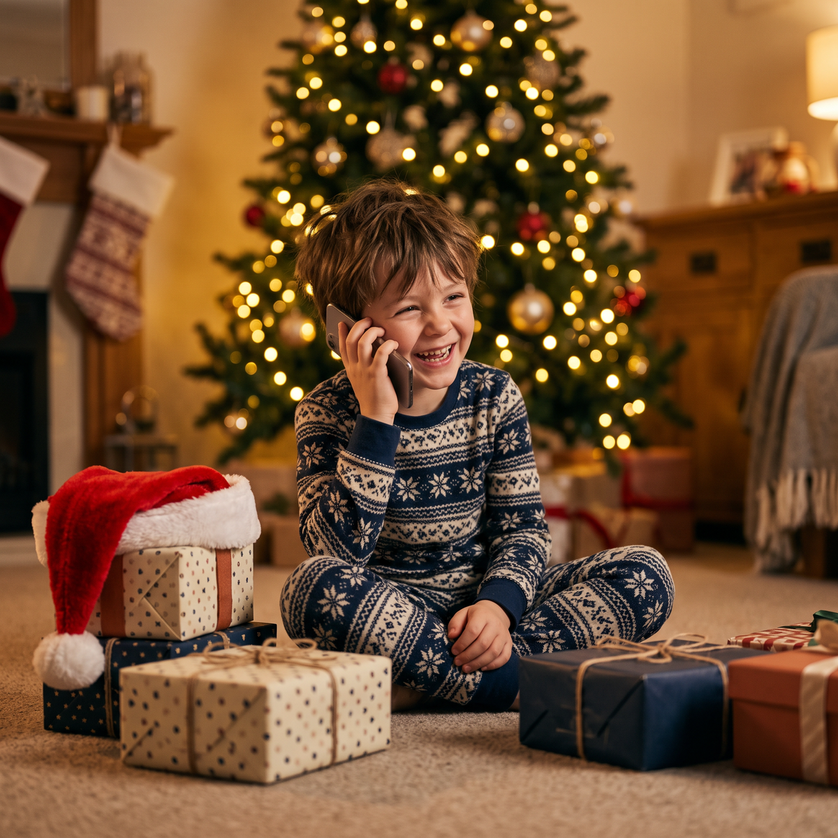 A laughing child in Christmas pajamas listens to a personalized song from Santa on a phone, in front of a glowing Christmas tree