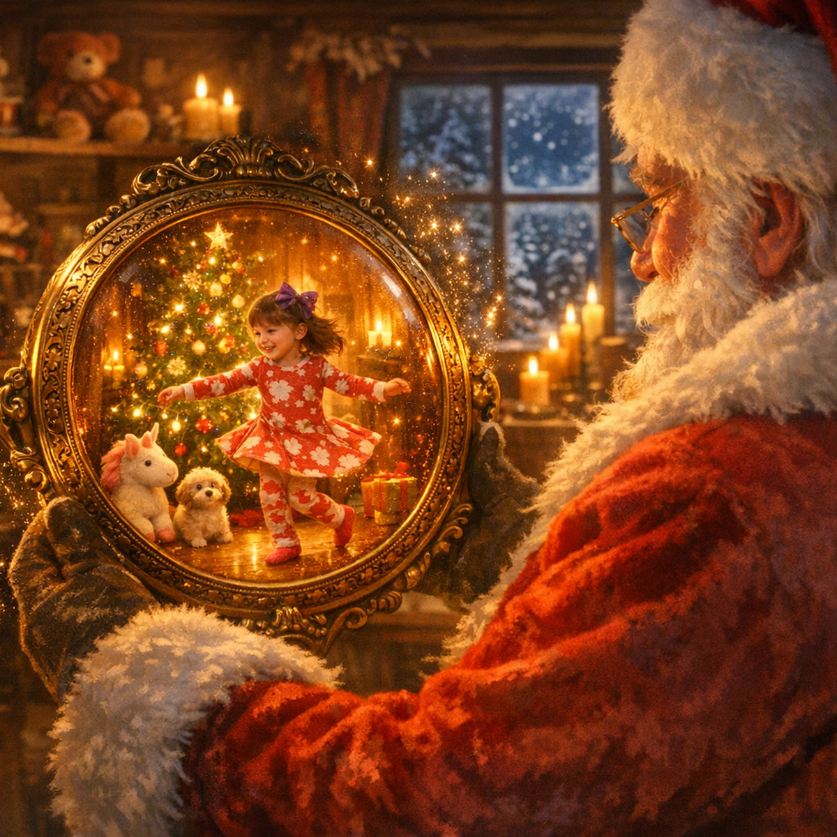 Personalized song from Santa: Santa watches a little girl dance by her Christmas tree through his magic looking glass
